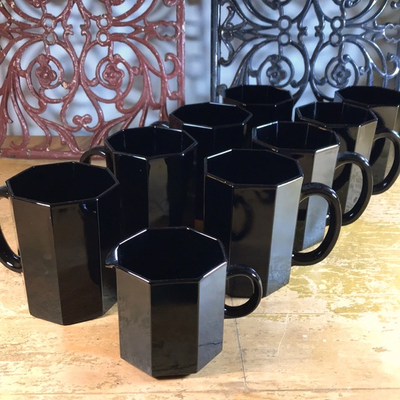 France Octime Black 8 Mugs + Creamer Pitcher